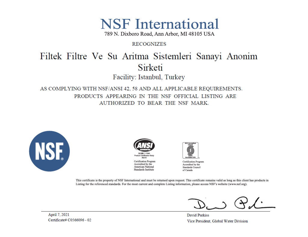 Filtek NSF/ANSI 42 ve 58 üretici sertifikası; model kapsamı resmi NSF listelerindedir