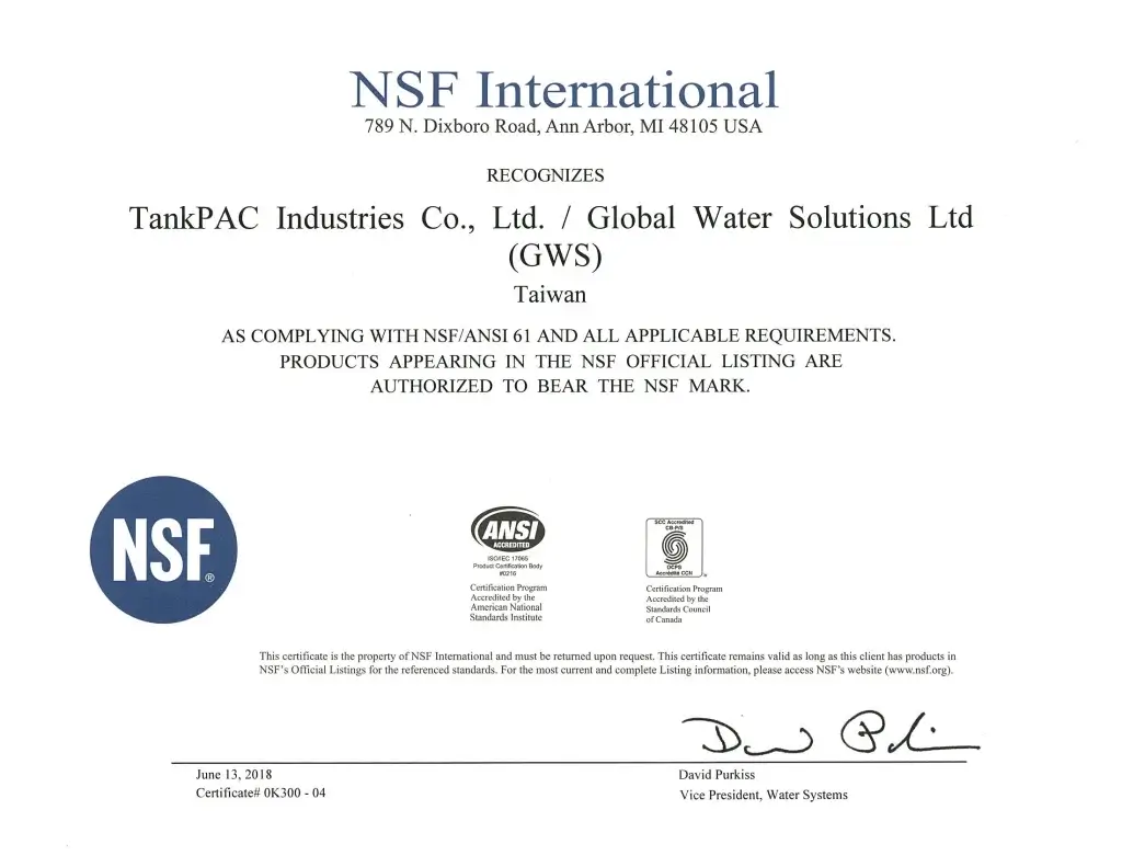 Sertifikalarımız NSF61 TW 1